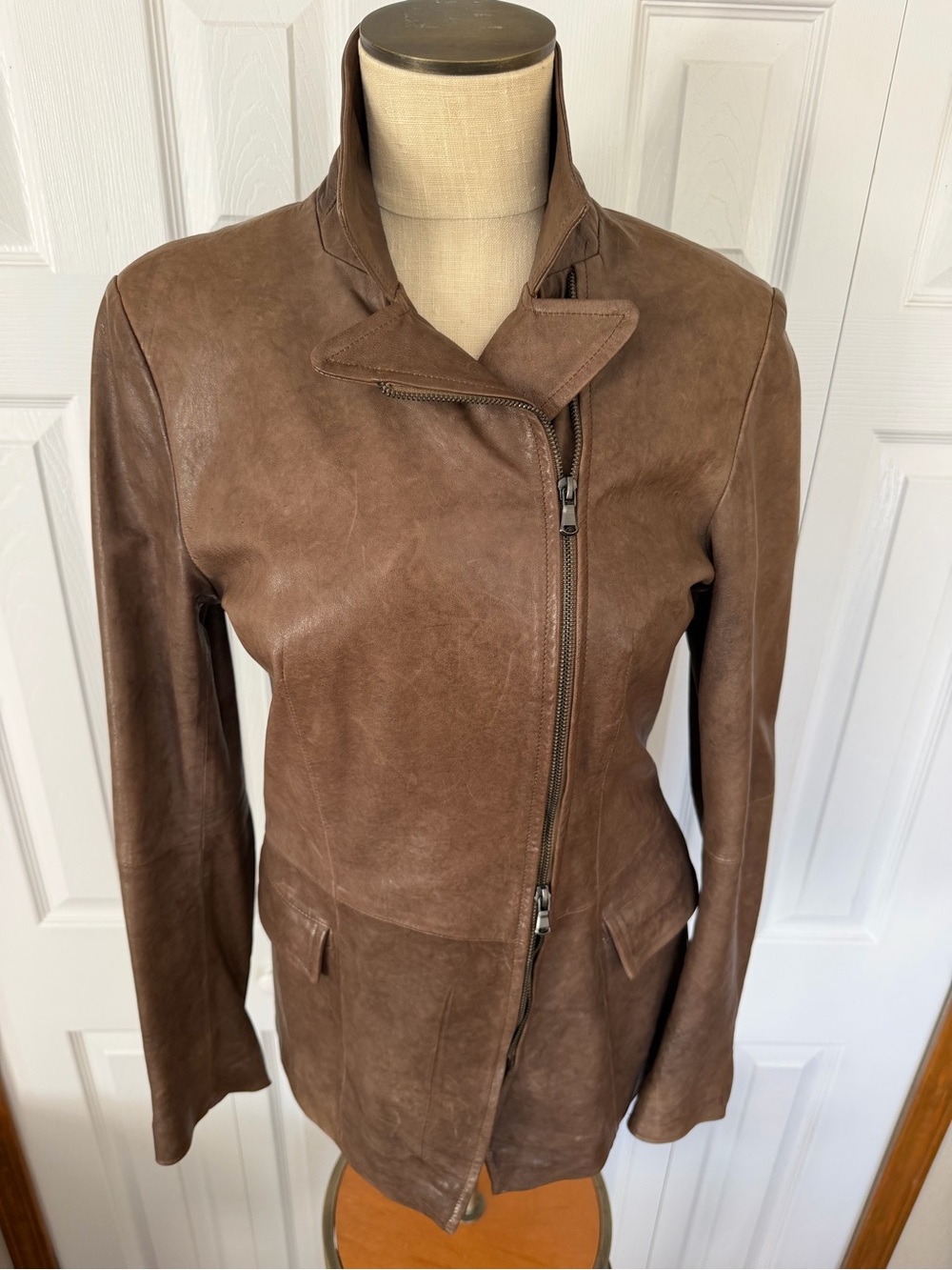♥️ Vinci Leather Factory Firenze Italy Brown Leather Jacket Asymmetric Zip - Picture 3 of 10